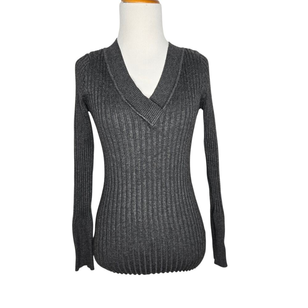 Y2K Ribbed Knit Top Fitted Stretch Basics Casual Gray Layering Women Medium